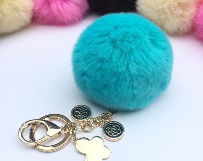 Customer request inspired AQUA fur pom pom keychain Rabbit real fur puff ball