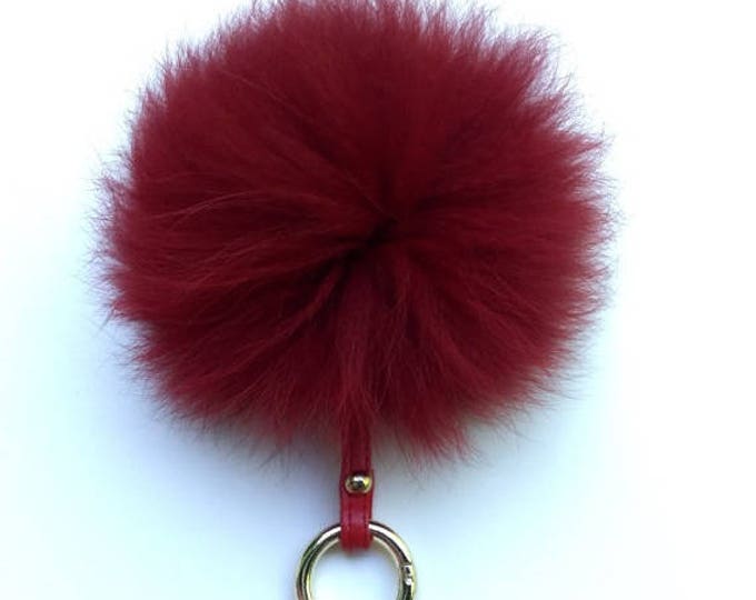 Fox Fur bag charm, fur pom pom keychain, fur ball keyring purse charm Red