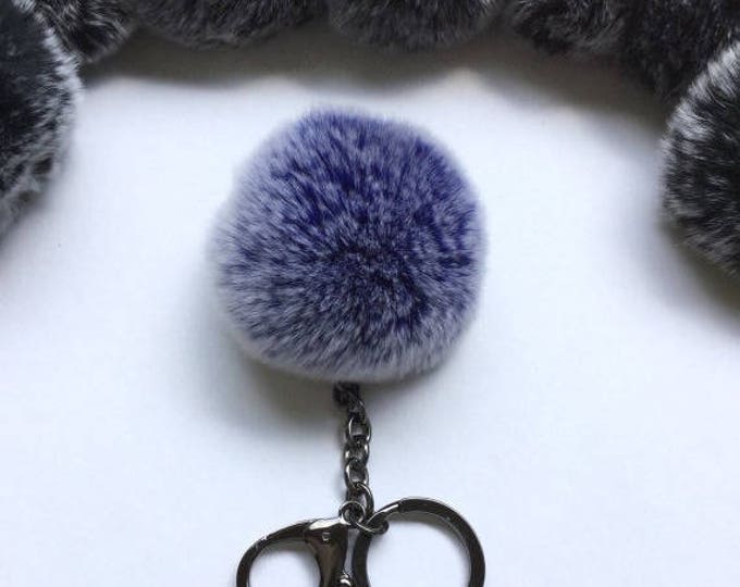 Gun Metal series Rabbit fur pom pom ball with elongated gunmetal keychain in Blue frost