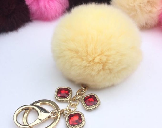 Customer request inspired Beige red crystals fur pom pom keychain Rabbit real fur puff ball