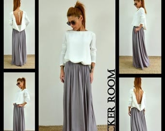 ON SALE Woman gray skirt /Spring Long skirt / High waist maxi skirt/Floor Length Long Skirt /Draping long skirt