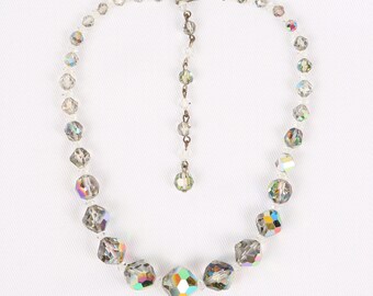 1950's Magenta, Purple and Teal Aurora Borealis Glass Faceted Graduated Beads Choker Necklace, Excellent VTG Cond., Largest Bead 16mm.