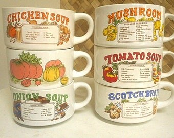 Retro 70s Set of Six Large Soup Bowls / Cups with Handles
