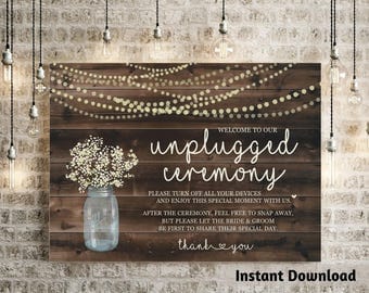 Unplugged Ceremony Sign - Rustic Baby Breath, Mason Jar, Light, Wood - Printable DIY Wedding Poster - PDF JPG Instant Download Digital File