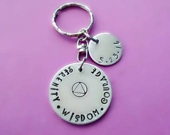 Hand Stamped Sobriety Gift, AA Recovery Key Chain, Serenity, Courage, Wisdom, Addiction Recovery Gift, Serenity Prayer, Daily Reminder