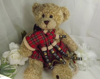 Large Tartan Teddy with Kilt, and Bagpipes Vintage Scottish ( 15 inches tall)