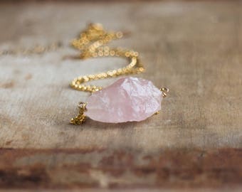 Raw Rose Quartz Necklace in Silver or Gold, Rough Pink Quartz Necklace, Pink Stone Necklace, Heart Chakra Stone, Raw Crystal Jewellery