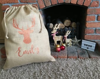 Large Glitter Personalised Christmas Sack with Stag/Reindeer, Personalised Santa Sack, Christmas Gift Bag/Sack