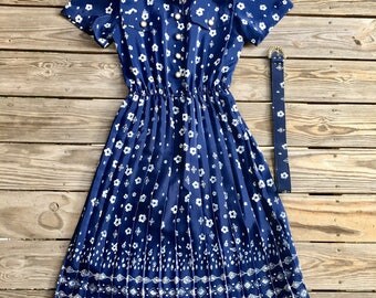 80's Navy Floral Dress | Pleated Blue Dress