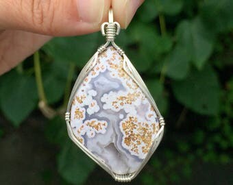 Calico lace agate pendant, Sterling silver, Calico agate jewelry, Mexican agate necklace, Calico agate cabochon