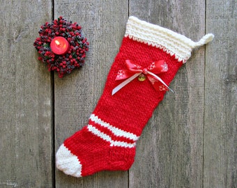 Christmas for her Christmas stocking Christmas home decor tree Present stocking Red white stocking Knit stocking Unique rustic stocking