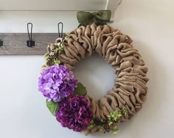 Fall burlap wreath - Burlap wreath with purple hydrangeas - Holiday wreath - Farmhouse wreath