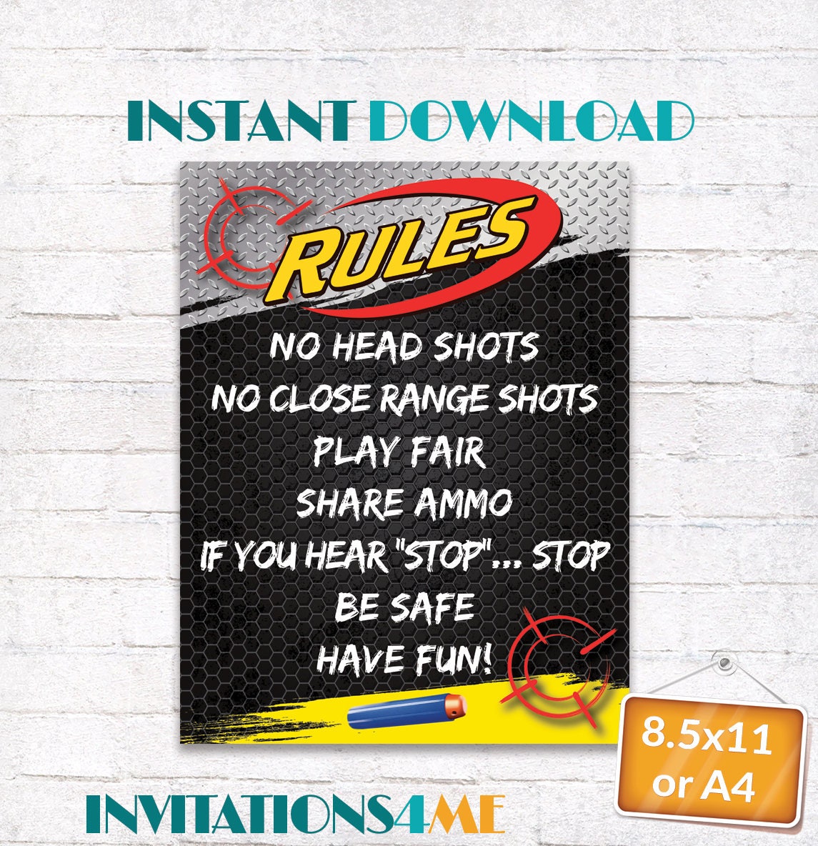 Nerf Rules Poster Nerf Wars Rules Sign Birthday Party Dart War