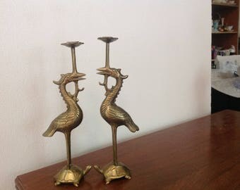 Vintage Brass Crane standing on Tortoise Candle Holder