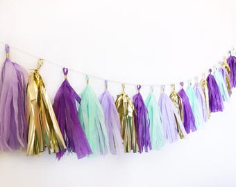 Tassel Garland | Tassel Banner | Mermaid Tassel Garland | Teal Party Decor | Purple, Mint, and Gold Tassel Banner | Mermaid Party Decor
