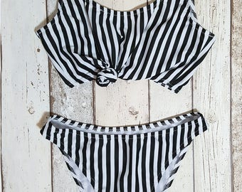 Striped Swimsuit, Black and White, Knot Top, Striped, Crop Top, High Leg Bikini, 80s High Cut Bikini, Swimwear, Bathing Suit,Bathing Costume