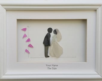 Wedding Pebble Art, Bride & Groom, Sea Glass Art, Gifts for the Couple, Cornish Pebble Art, Pebble Picture, Anniversary Gift,