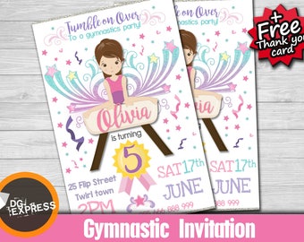 Gymnastic Invitation "GYMNASTICS BIRTHDAY INVITATION" - Tumbling Party Invite, Girl Gymnast, Pink Purple Teal Printable, Digital Convite