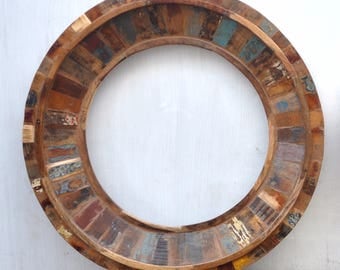 Reclaimed wood mirror, Rustic Home Decor, 32" Wood mirror, Old Early, Round wood Frame, Wall-mounted, Rustic Primitive, Handmade Mirror