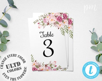 Floral Wedding Table Numbers Template, 4x6 Printable Table Number Cards with Flowers, Easy to Edit in our Web App, Instant Download