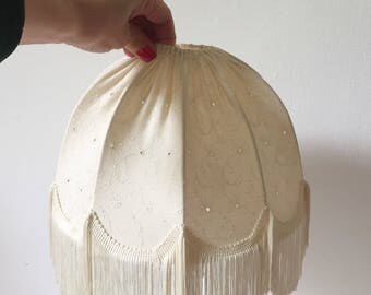 Vintage fringed light shade, broderie anglaise cotton cream ceiling light shade, pretty boho 1970s light shade