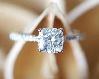 C&C Forever Brilliant 6.5mm Cushion Cut Moissanite Engagement Ring,Half Eternity Diamonds,14K White Gold Ring,Bridal Ring,Anniversary Ring