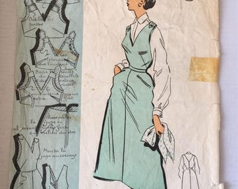 Fabulous 50's french vintage sewing pattern : Woman jumper dress-pocket back pattern piece missing-size 16 taille 44 "Patron modele 53036"