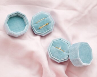 Velvet Ring Box Nile Blue Octagon Handmade Wedding Vintage Engagement Gift Bride