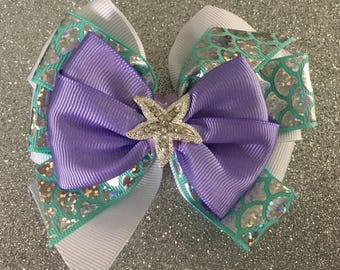 Little Mermaid Bow Ariel Hair Bow with Rhinestone Starfish Purple Mermaid Bow Disney Princess Bow Aqua Mermaid Bow with Fish Scale Ribbon