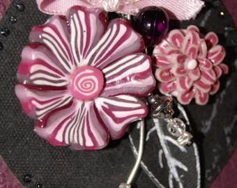 Plum brooch polymer and leather (recycled)