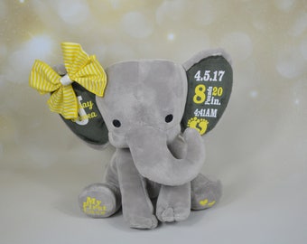 Elephant, Birth Announcement, Customized Elephant, Baby Elephant, Elephant Plush, Baby Keepsake, First Birthday Gift, Baby Shower Gift