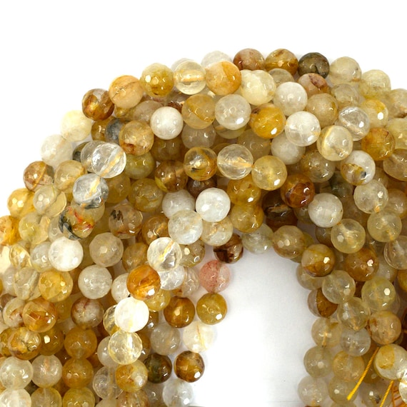 10mm faceted natural yellow quartz round beads 15 strand