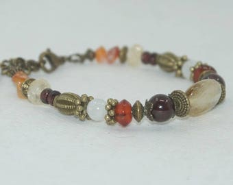 Bracelet antique bronze, precious stones and semi precious: rutilated quartz, Garnet, Carnelian, citrine