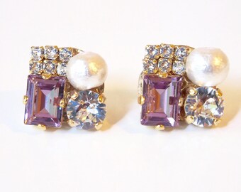 Purple crystal Swarovski earrings line stone amethyst white cotton pearl bridal jewelry wedding jewelry party earrings cluster earrings