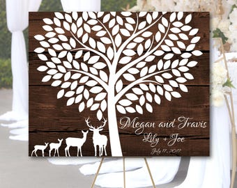 Blended Family Wedding Guest book Alternative canvas, Deer & tree wedding guest book, Deer Family poster, Blended Family wall art