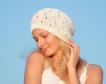 Cotton beanie hat summer accessories cotton clothing knit white hat knit hat bohemian hat bohemian wedding hat hippie clothes chemo beanie
