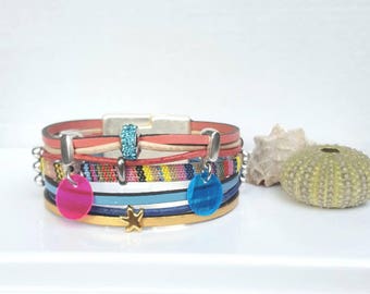 "Pastels" multicolored fabric leather Cuff Bracelet
