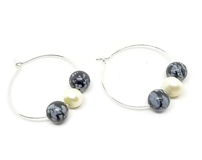 Snowflake Obsidian and Pearl Hoop Earrings, Gemstone Earrings, Pearl Earrings, Unique Birthday Gift, Gemstone Hoops, Pearl Jewelry