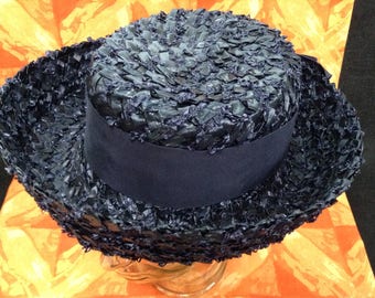 Vintage Ladies' Navy Blue Straw Hat with Veiling
