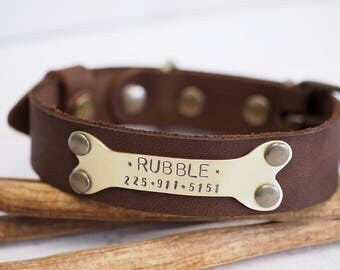 Leather dog collar, Dog Collar, Leather Collar, Personalized Dog Collar, Pet Gifts, Dogs Name Plate, id Tag, Rustic Brown, Small Dog collar