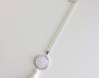 White polka dots black cabochon and tassel necklace