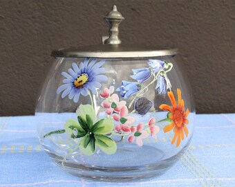1900s Small Enamel Beer Stein Hand painted Antique glass mug with lid blue green rose orange flowers RZ metal hinge 0.3l German fine art