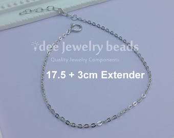 Solid 925 Silver Bracelet Chain 17cm plus 3m Extender, Solid 925 Sterling Silver with Rhodium Plated for Anti Tarnish. No.650
