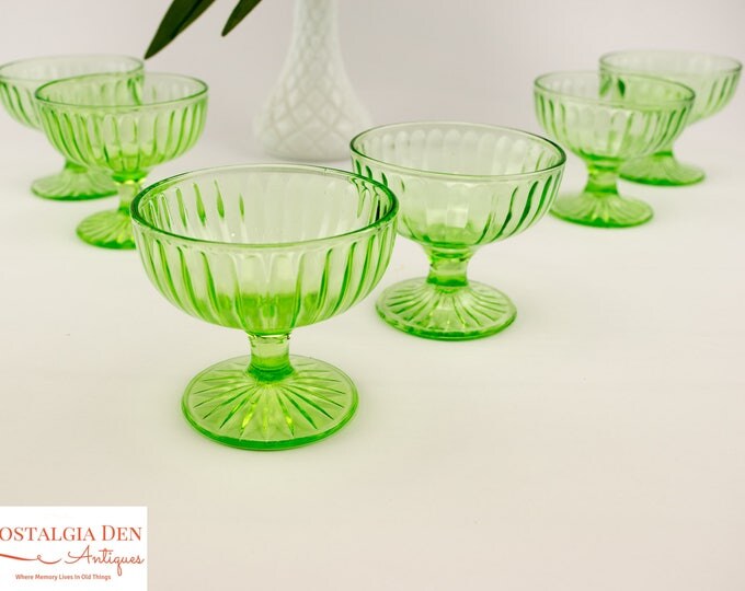 Green Depression Glass | Uranium Glass | Dessert Dishes | Glass Sherbet Side Dishes | Set Of 6