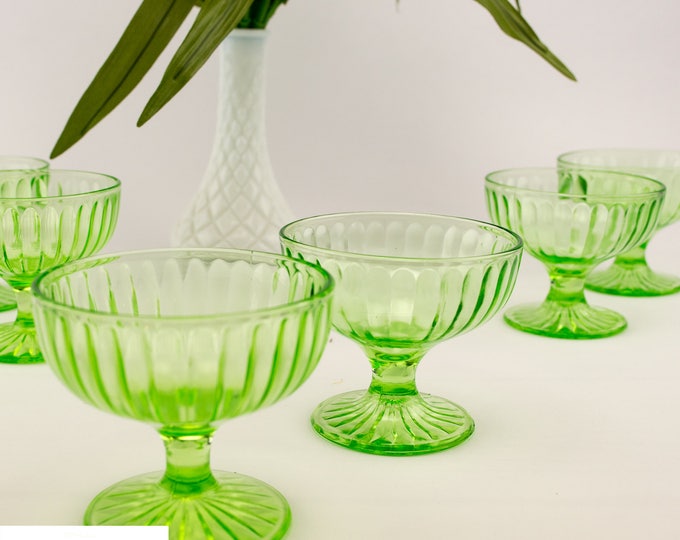 Green Depression Glass | Uranium Glass | Dessert Dishes | Glass Sherbet Side Dishes | Set Of 6