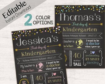 First Day of School Sign Chalkboard Print, two color options, Editable Text, DIY, Chalkboard Sign, Kindergarten, Stars, INSTANT DOWNLOAD