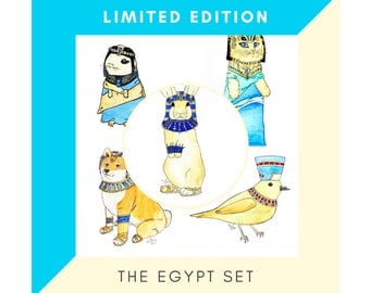 Egyptian Art Set of 5 Prints, Whimsical Animal Art, Cute Bunny Rabbit Picture, Shiba Inu Dog Print, Bird Art, Cat Painting, Guinea Pig Gift