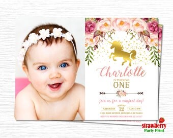 Unicorn Birthday Invitation. Unicorn First Birthday Invitation. Magical Unicorn Birthday Invitation. Floral Unicorn. Unicorn Party. A34