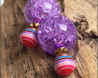 Beautiful purple and multicolor stripes double sided earrings (front and back French style tribal chic studs)