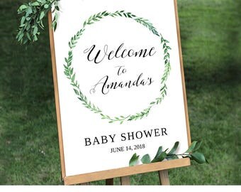 Printable Baby Shower Welcome Sign Template | Editable Welcome Sign | Rustic Green Wreath | Instant Download | Digital 8x10 & 18x24 #013WS